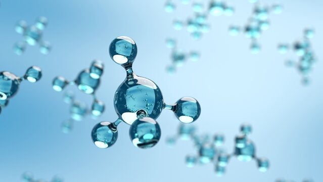 Seamless loop of blue glass tetrahedral molecule floating in laboratory background for pharmaceutical research Molecules Looping 3D representation