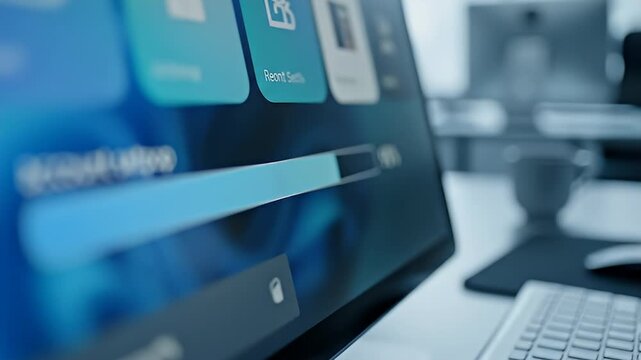 Close-up of computer screen displaying a search bar and app icons with a keyboard and mouse in the foreground