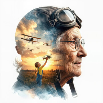 An elderly woman in an aviator cap and goggles, with a double exposure of a little girl flying a toy plane, evokes memories of the past with a scene of flying biplanes 