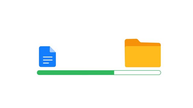 Documents Moving Into A Folder With A Progress Bar Indicator. Flat Design Animation of Digital File Transfer Successfully Done with Check mark. 