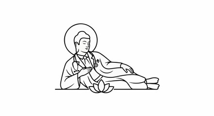 Obraz premium A tranquil figure in medical attire rests near a lotus flower, haloed