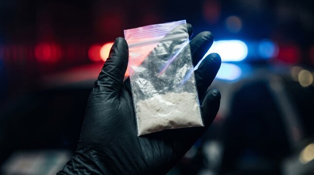 Police seize illegal substance urban environment close-up shot crime scene nighttime law enforcement action