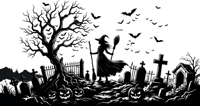 Halloween scene with witch graveyard and bare tree silhouette