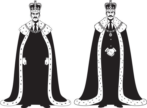 Two regal figures in crowns and ermine-trimmed robes with black and white illustration silhouette sovereign figurehead ceremonial nobility aristocracy government authority medieval majestic