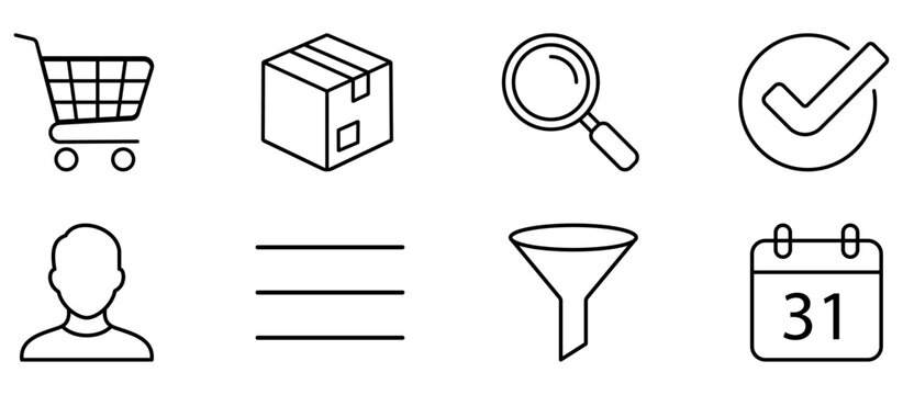 Online shopping user interface icons set with cart, search, package, profile, menu, filter, calendar, check mark, ecommerce, delivery, mobile app, website navigation symbols.