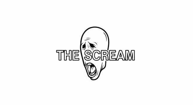 A stylized, outlined graphic depicts a screaming face with eyes closed and mouth open