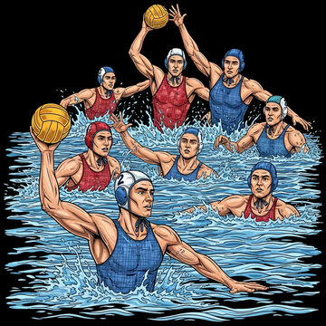 Water polo players in action swimming and throwing ball