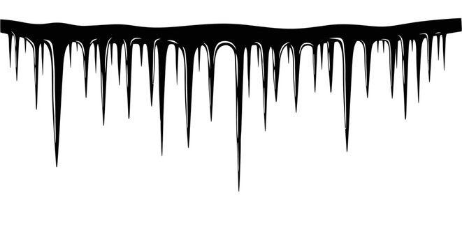 Sharp jagged icicles hanging down from a solid horizontal surface against a clean white background symbolizing winter cold and freezing temperatures