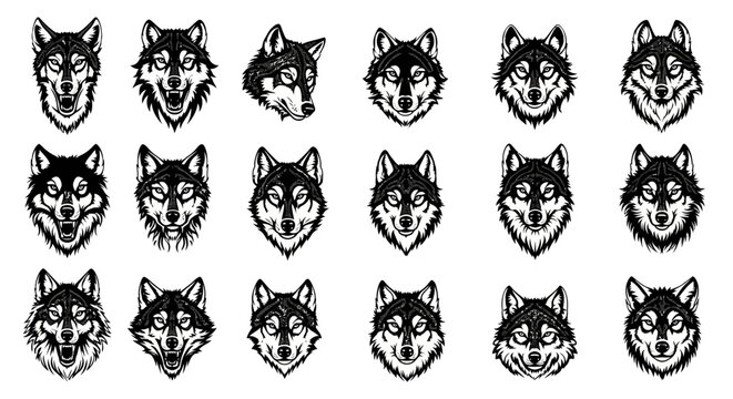 Collection of stylized wolf head illustrations featuring diverse expressions and detailed fur textures in a monochromatic graphic design perfect for emblems and icons