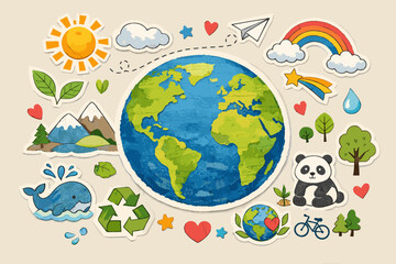 Naklejka premium Earth Planet Scrapbook Doodle Sticker Collage, Hand Drawn Illustration of World Globe with Nature, Ecology, and Sustainability Icons like Panda, Whale, Recycling Symbol, Sun, Trees, and Rainbow.