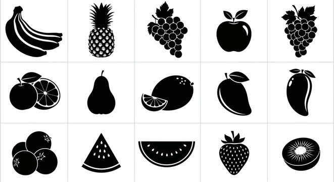 Collection of silhouetted fruit icons bananas pineapple grapes apple orange pear mango strawberry kiwi blueberry watermelon and citrus slice on white background