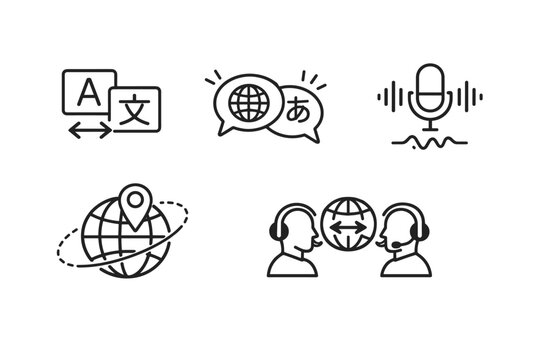 Multilingual translation and communication outline icon set with speech recognition microphone, global localization globe, interpreting services, and international language support symbols.