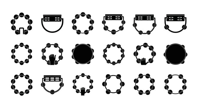 Collection of diverse tambourine icons and silhouettes including full circular frames hand held designs and variations with jingles presented in a clean modern graphic style
