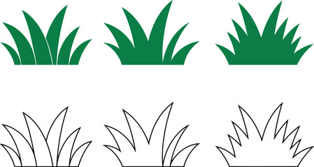 Fototapeta premium Green Grass Tuft and Bush Icon Set, Minimalist Meadow Plant Vector Illustration for Nature and Garden Landscaping Design