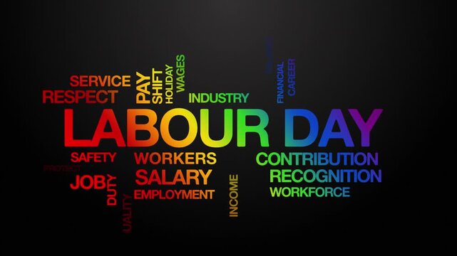 Labour day concept Animated Tag Word Cloud kinetic typography, Text Design Animation typography seamless loop video motion graphics Intro Wordart arrangement rainbow type on black background bg backdr