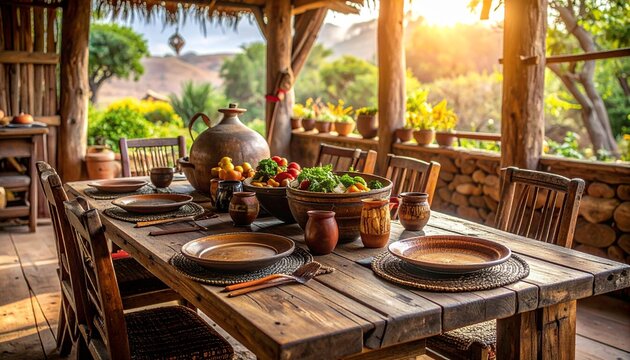 Traditional Ethiopian dining setup rustic wooden table, no people