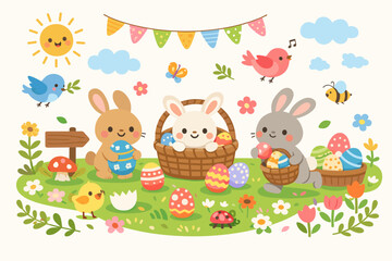Naklejka premium Adorable Easter Egg Hunt Vector Illustration Featuring Cute Bunnies, Colorful Painted Eggs, Spring Flowers, Birds, and a Chick in a Sunny Meadow. Ideal for Holiday Invitations and Greeting Cards.