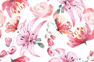 Flower, butterfly seamless pattern with watercolor for fabric, wallpaper.Hand drawn pink, red floral pattern illustration.Blooming flower painting for summer.Botany background © joy8046