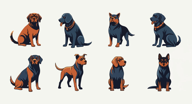 A stylized pixel art collection of various dog breeds in different poses