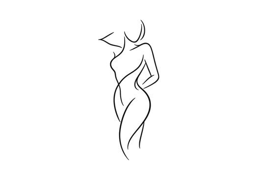 Minimalist continuous line drawing of a beautiful female figure with elegant curves, representing femininity, grace, and simplicity. Artistic vector illustration for beauty, fashion, and wellness.