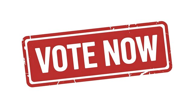 Vote now, election button, red stamp, white text, voting badge