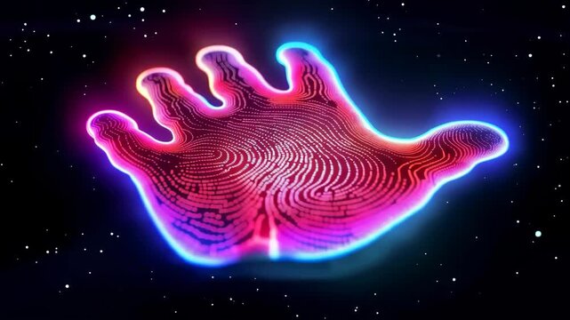 Glowing neon hand with fingerprint lines on a dark starry background