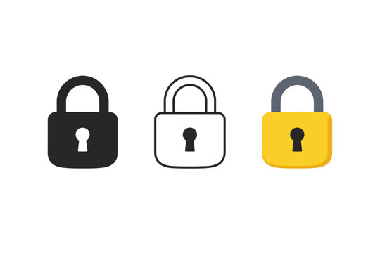 Vector set of three closed padlock icons in solid black, thin line outline, and yellow flat design styles; security, privacy, and protection symbols for web and mobile app user interface.