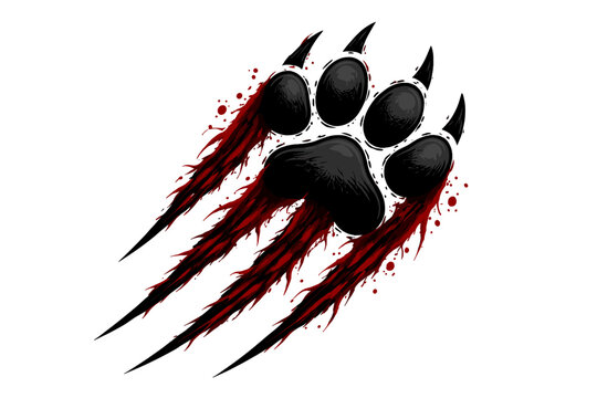 Aggressive Wild Animal Paw Print with Sharp Claw Scratch Marks and Red Blood Trail, Predator Talons Track, Bear or Wolf Pawprint Vector Illustration Isolated on White Background for Design.
