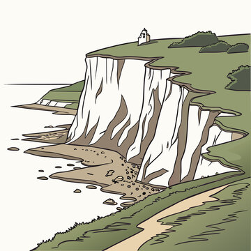 A stunning cliffside landscape with a small white church on top of a green hill overlooking a vast body of water