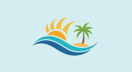 Obraz premium A stylized sun sets over waves with a palm tree on an island