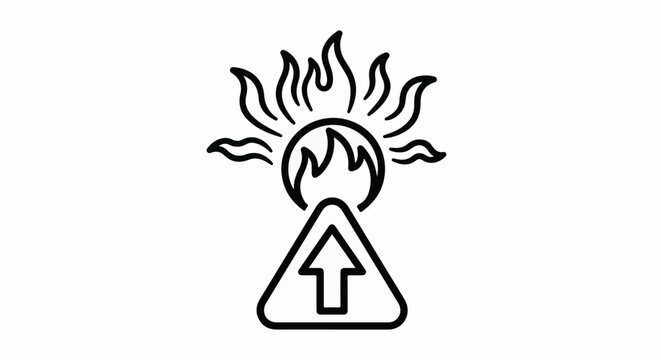 A stylized sun with flames and a warning triangle with an upward arrow