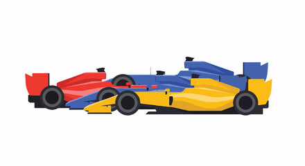 Fototapeta premium Two Formula 1 race cars, one red and one blue and yellow, competing side by side on a white background
