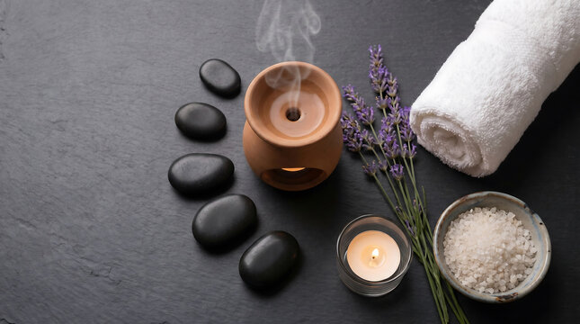 A serene spa setup featuring a clay essential oil diffuser with steam lavender flowers and a rolled towel on a dark slate background