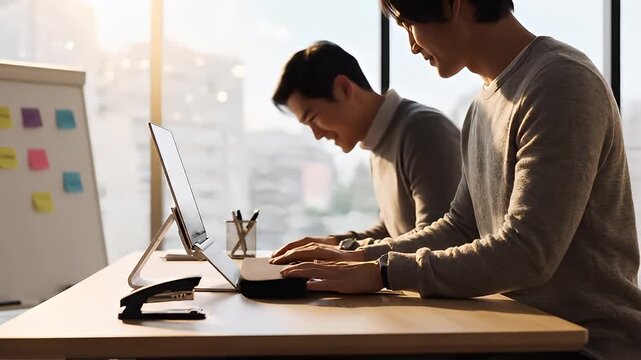Colleagues collaborating at a desk with laptops and a stapler viewed from behind with city view through window
