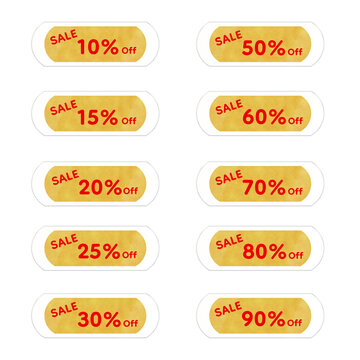 Luxury Gold Glitter Glass Capsule Sale Button Set with Transparent Acrylic Frame, Glossy Metallic Shine Effect, Discount Labels from 10% to 90% Off, Premium E-commerce UI Elements, Isolated 