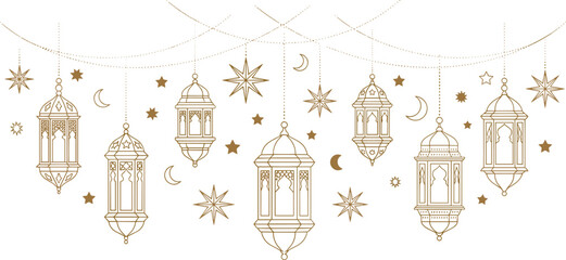 Elegant Ramadan Hanging Lanterns with Stars and Crescent Moons Decorative Islamic Line Art Vector Background Design © Mohammad