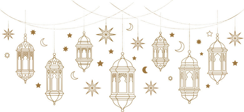 Elegant Ramadan Hanging Lanterns with Stars and Crescent Moons Decorative Islamic Line Art Vector Background Design