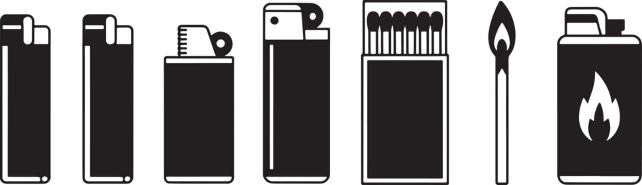 Collection of black and white representing lighters matches and a flaming matchbox