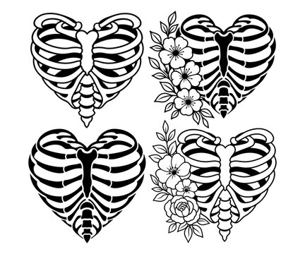 Anatomical Human Skeleton Rib Cage In Heart Shape With Floral Accents, Goth Style Ribcage And Flowers For Halloween And Medical Art