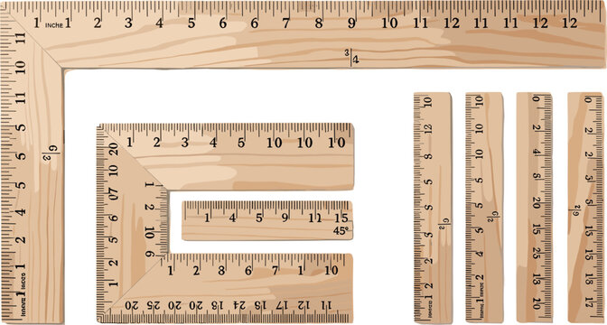 Wooden Ruler Set Vector Featuring Various Measuring Tools Including Yardsticks, Square Rulers, and Tape Measures for Construction, Design, and Measurement Applications