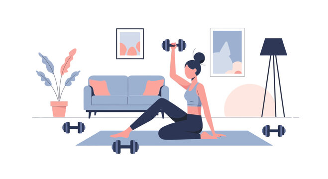 Woman doing dumbbell workout at home, fitness, healthy lifestyle, modern interior