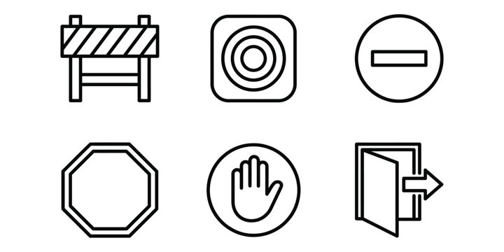 Collection of six minimalist line icons including roadblock stop sign hand and door symbols