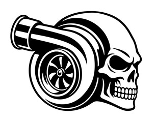 Mechanical Engine Turbocharger Merged With A Human Skull Silhouette, Automotive Performance And Car Tuning Concept Graphic Illustration © VisuaLabArt
