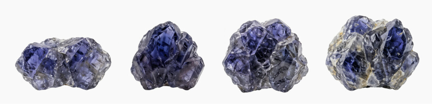 Collection of rough Iolite gemstones isolated on white background