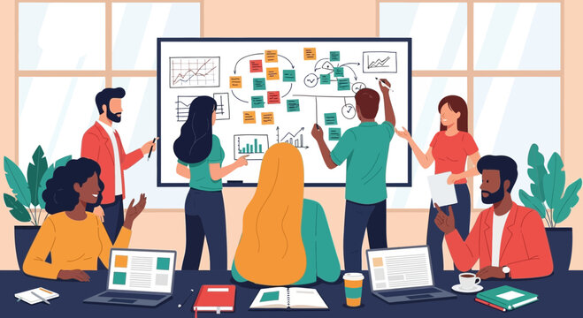 Diverse team collaborating on strategy using whiteboard and sticky notes in modern office