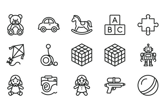 Cute collection of line art icons featuring toys games puzzles and children activities vector set