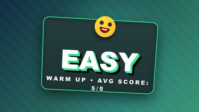 A close-up shot of a digital scorecard with the word 'EASY' and a smiley face on a green gradient background.