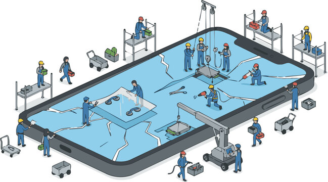 Tiny workers repairing a cracked smartphone screen isometric concept illustration