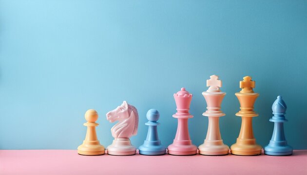 chess pieces in plastic pastel colors poster banner design space for copy
