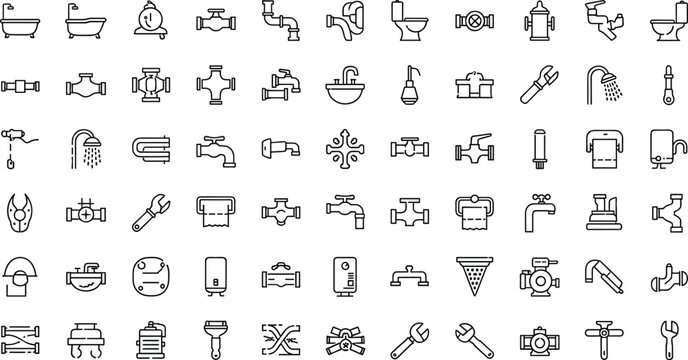Plumbing and Pipework Icons Set, Featuring Faucets, Pipes, Showers, and Plumbing Tools